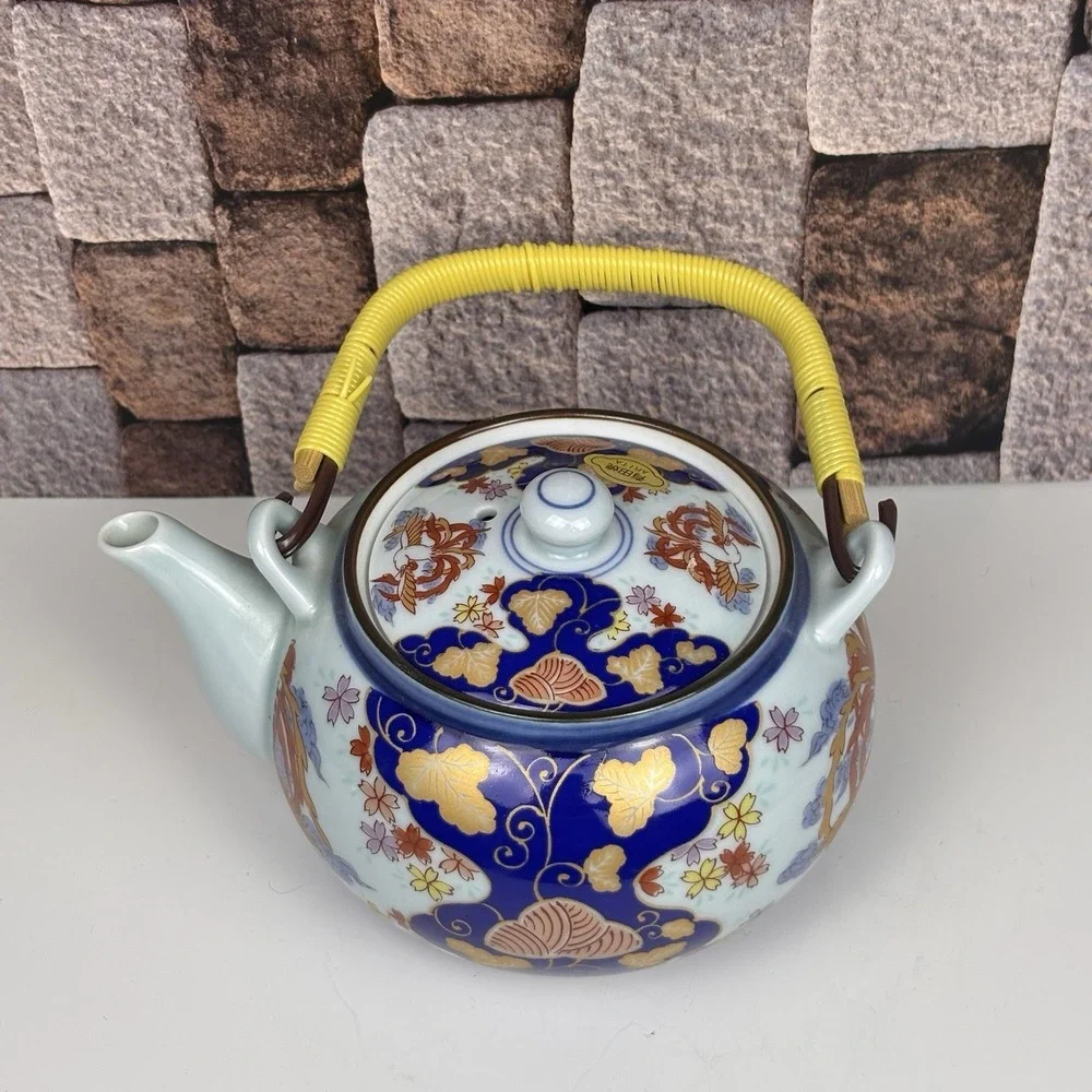 Arita Ware‎ Porcelain Teapot & Cup Flower Flow Blue & Gold Japan Very Good Cond